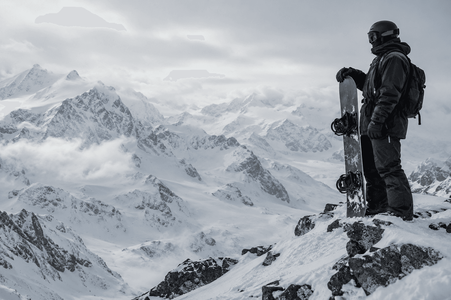 Snowboarder in black outerwear overlooking a snow-covered alpine ridge